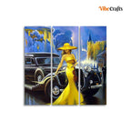 VIBECRAFTS 3 Pieces Beautiful Women With Car Canvas Wall Painting Fitted With Wooden Frame For Home | Office | Living Room | Gifts (PTVC3Pcs1_9502)