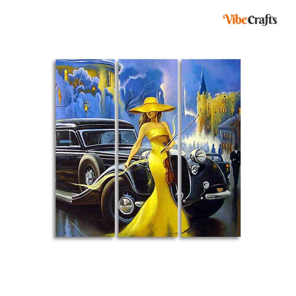 VIBECRAFTS 3 Pieces Beautiful Women With Car Canvas Wall Painting Fitted With Wooden Frame For Home | Office | Living Room | Gifts (PTVC3Pcs1_9502)