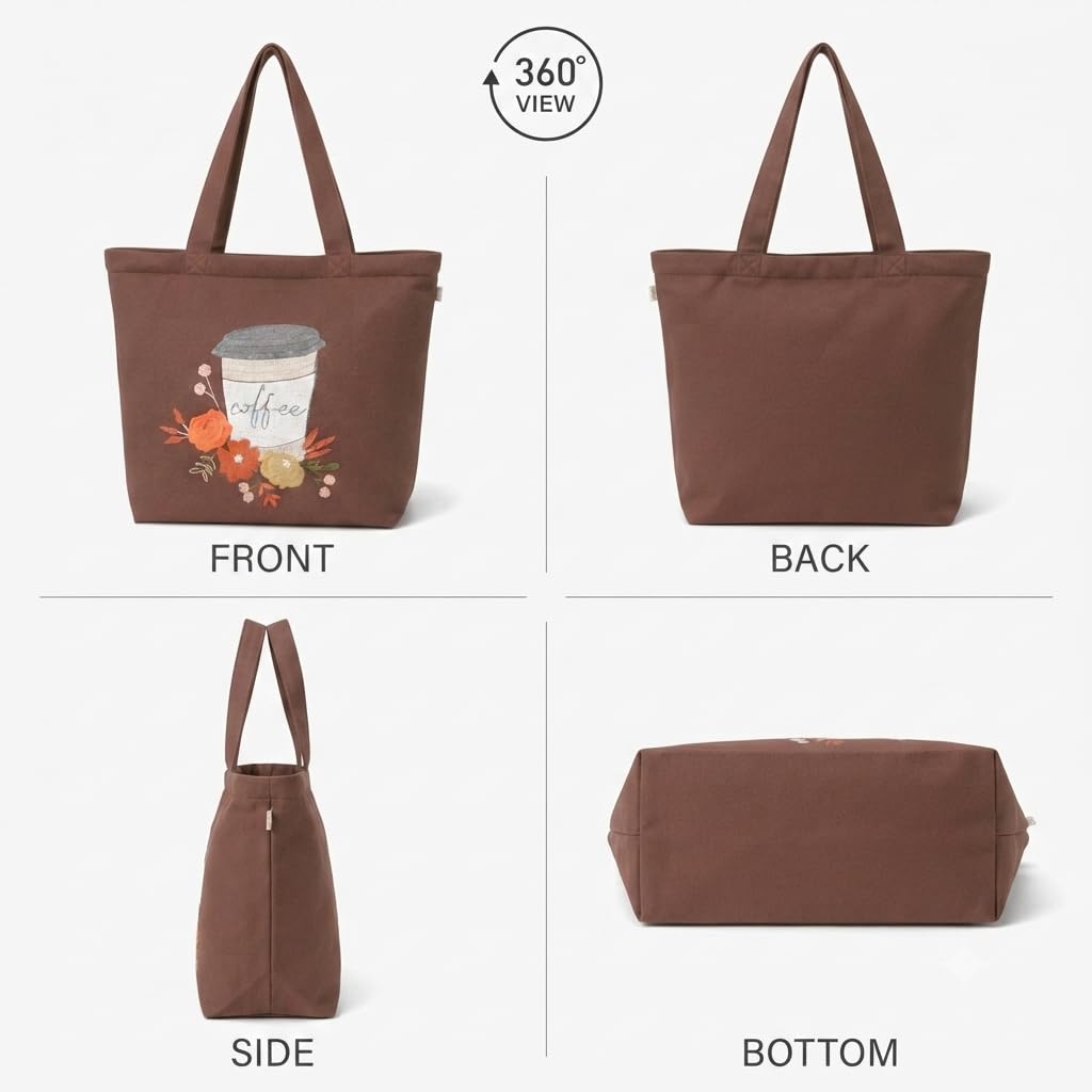 MASQ Premium ToteBag for Women with Zipper | Embroidered Foldable Shoulder Bag with Multiple Pockets | Spacious Handbag for College & Office | Eco-Friendly & Reusable (AP_TB_Coffee_Adict_01)