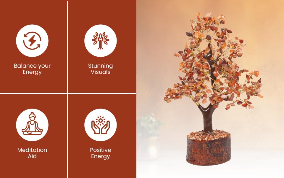 AMOKRI 500 Beads Red Carnelian Crystal Tree, Feng Shui Healing Crystal Bonsai for Positive Energy, Good Luck Decor, Vastu Items, Home Office Decoration, Housewarming, Shop Opening & Spiritual Gift
