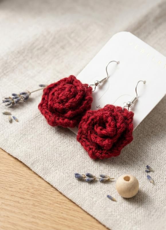 Handmade Crochet Rose Earrings – Delicate Floral Studs & Lightweight Statement Jewellery