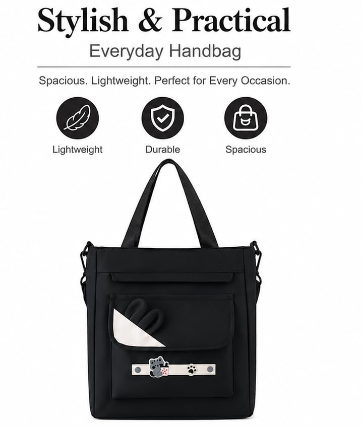 Valerie Large Tote Bag with Crossbody Strap for Women – Cute Cat Charm Canvas Shoulder Bag, Multi-Pocket Lightweight Handbag for School, College Work Shopping (Black)