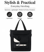 Valerie Large Tote Bag with Crossbody Strap for Women – Cute Cat Charm Canvas Shoulder Bag, Multi-Pocket Lightweight Handbag for School, College Work Shopping (Black)