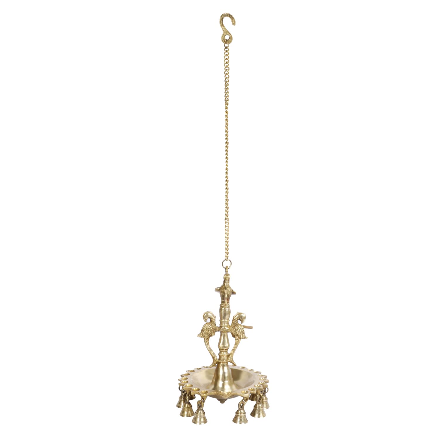 Artvarko™ Brass Bird Peacock with Double Parrot Traditional Wall Hanging Bell Diya with Chain Oil Lamp Diwali Puja Home Office Temple