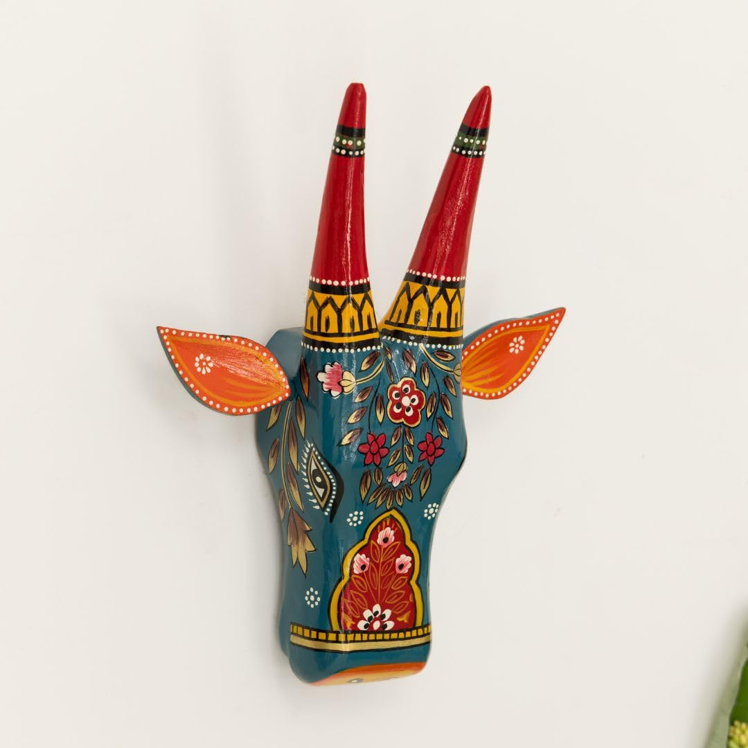 ATRANGI STUDIO Handpainted Wooden Cow Head Wall Decor | Ethnic Wall Art | Symbol of Prosperity | Wall Hanging for Home, Temple & Puja Room | Ready to Hang | 12 Inch, Blue