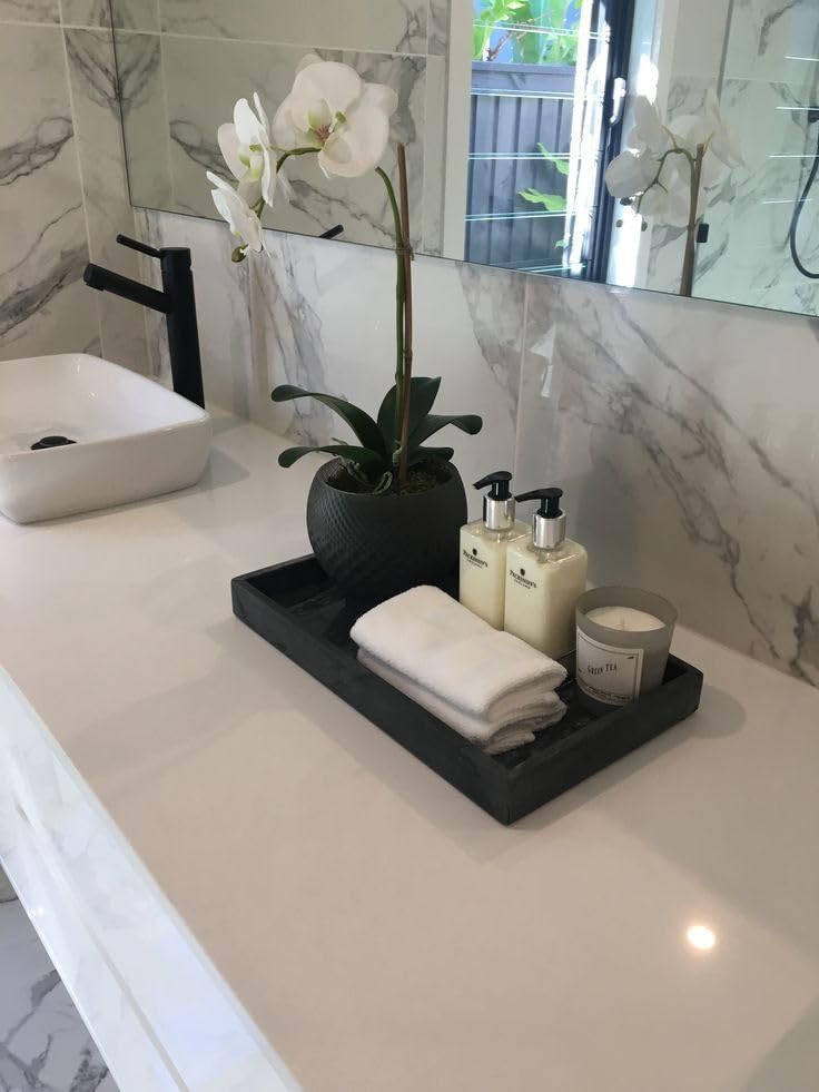 Decorage Rectangular Black Marble Tray Multipurpose Decorative Organizer with Raised Edges Elegant Vanity and Serving Platter for Bathroom Kitchen Dining Table and Home Decor 14 by 7 Inches