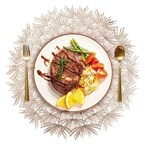 HomeCloud Table mat Round Shape| Table mat Round | Cutwork Design mat | Dining Table mats | Dressing Table MATS | Bed Side Table mats (Sun_Gold, 6) Kafalo