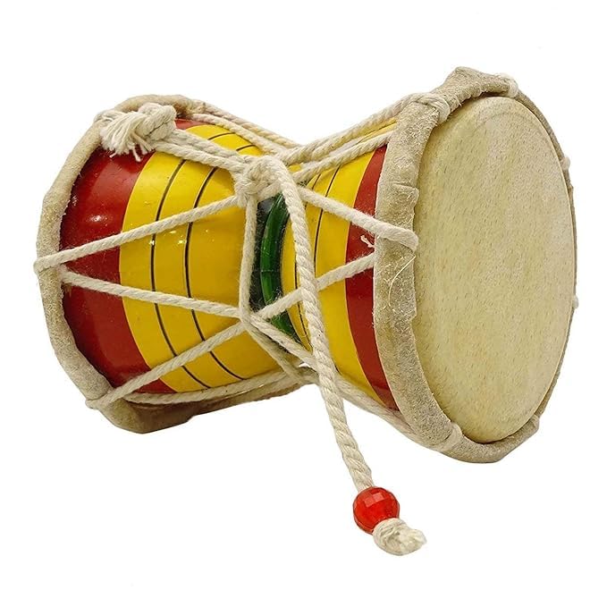 Griscon Handmade Lord Shiva Wooden Damru Handmade Damroo for Folk Bhajan Kirtan Pooja Indian Musical Instrument Damru. (12 cm Height) (Wood, Multicolor)