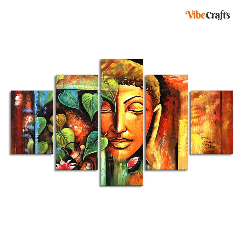 VIBECRAFTS Divine Gautama Buddha Face Premium Frame Wall Painting of Five Pieces For Home|Office|Living Room|Gift (PTVC5Pcs1_5548)