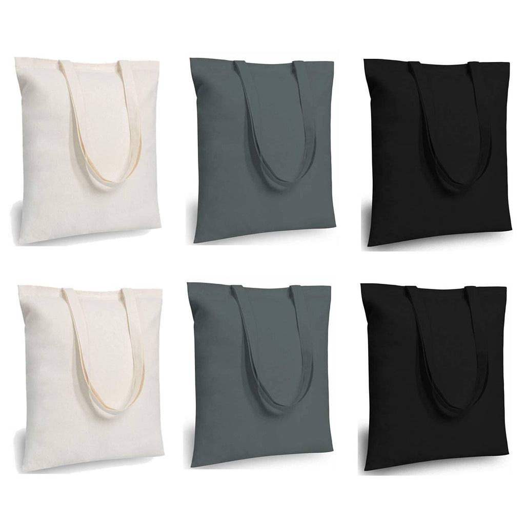 Lify Cotton Canvas Tote Bags Bulk Shopping Bag for Crafts, DIY Reusable Grocery Bag, 14 X 16 Inch – 6 Piece Pack (Black (2Piece)+Off-White (2Piece)+ Grey (2Piece))