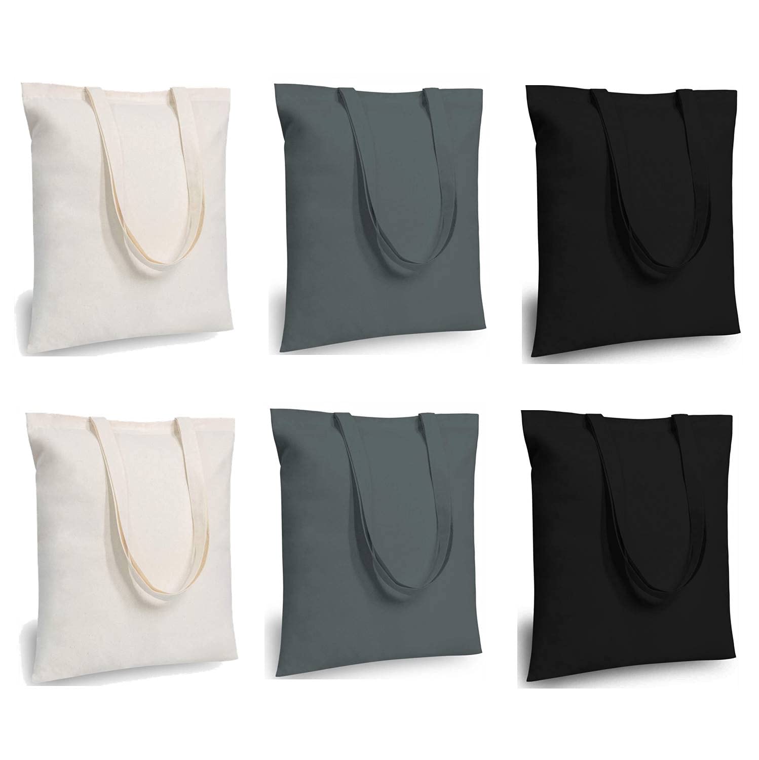 Lify Cotton Canvas Tote Bags Bulk Shopping Bag for Crafts, DIY Reusable Grocery Bag, 14 X 16 Inch – 6 Piece Pack (Black (2Piece)+Off-White (2Piece)+ Grey (2Piece))