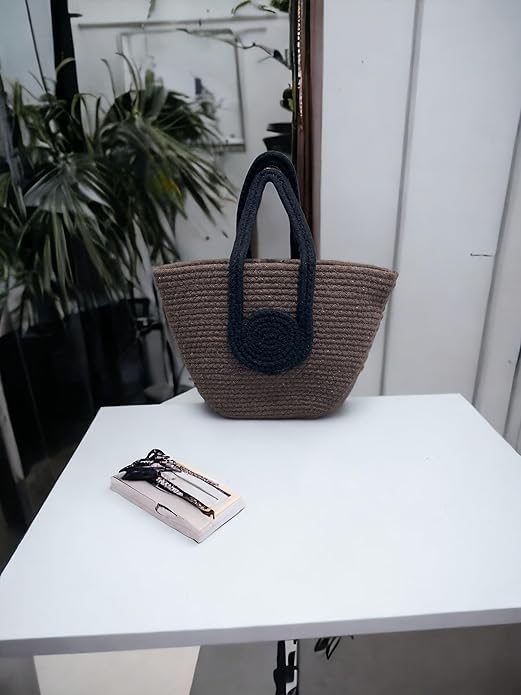BEAUTIFUL HOMMIES Attractive Hand Bag | Large Tote | Summer Bucket | Bamboo Beach Basket for Women | Boho Handbag | Jute Handmade (BROWN-BLACK)