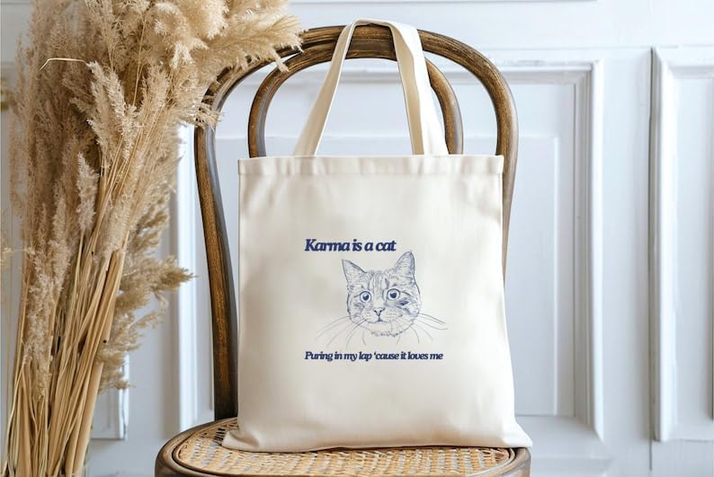THE UMBRELLA STORE Cotton Canvas Tote Hand Bag with Pocket | Reusable Shopping Carry Bag With Print Karma is a cat