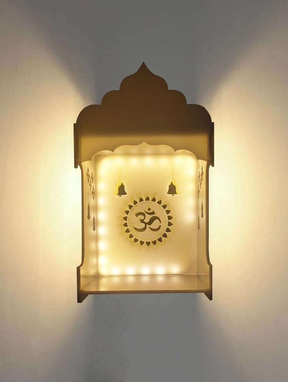 StarLaser Acrylic Temple with Light for Pooja Room Small Temple Wall Hanging Home Decoration (6x10 inch), White, Religious