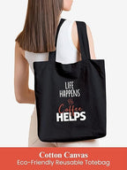 Mohini Dreams DOODLE Women Eco-Friendly Reusable Cotton Canvas Tote Bag | Inner & Outer Zip Pockets | Ideal for Travel, Shopping, College & Office Use | Caffine Shots, Black