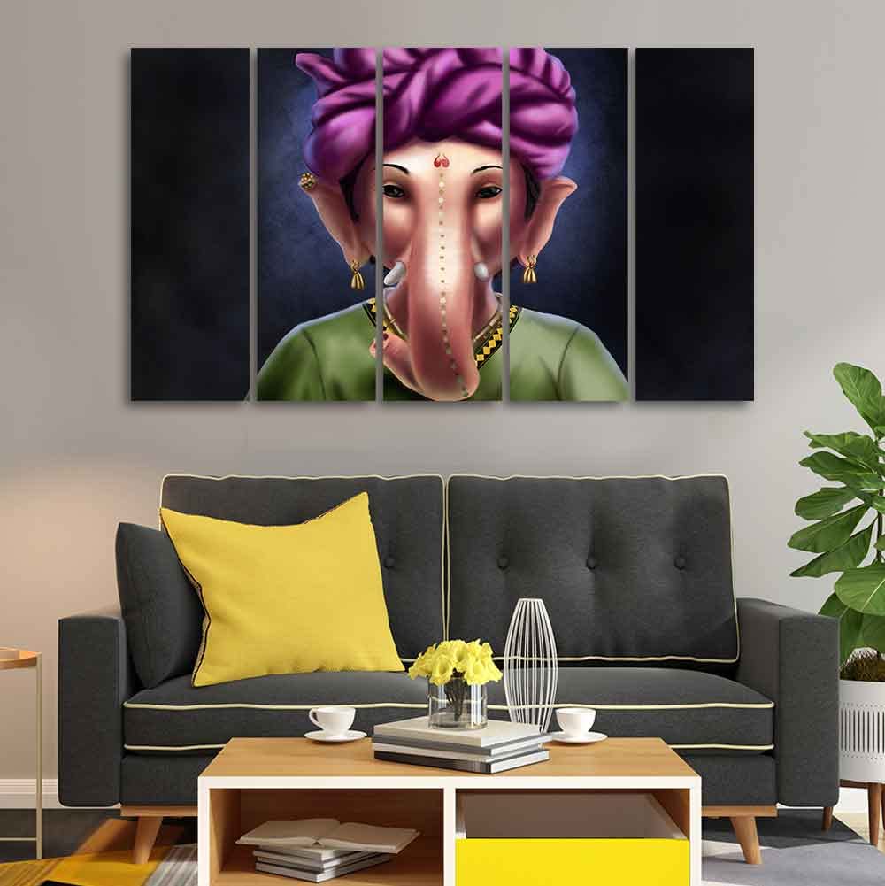 VIBECRAFTS Portrait of Ganesha Canvas Wall Painting of Five Pieces For Home|Office|Living Room|Gift (PTVC5Pcs4_8719)