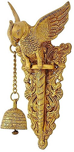 ARTVARKO Antique Brass Big Parrot Wall Hanging Bell Chain Welcome Home Decoration for Mandir Ganti for Temple Pooja Height 10 Inches
