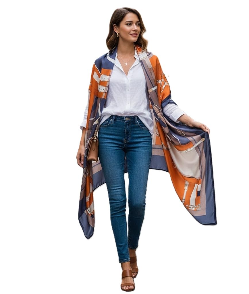 Alexvyan Satin Silk Summer Scarves 180 x 84 cm, Orange Belt Design with Stitched Border, Lightweight Fashion Scarf for Women Sun Protection Stole