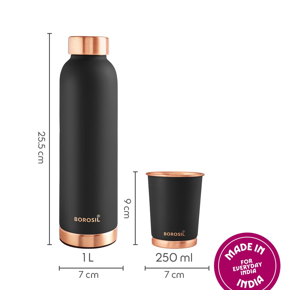 Borosil Eco Copper Bottle with Glass Set | 1L Bottle with 2 Tumbler (250 ml Each) | 100% Pure Copper with Anti-Oxidant Properties of Copper for Daily Use (Black)