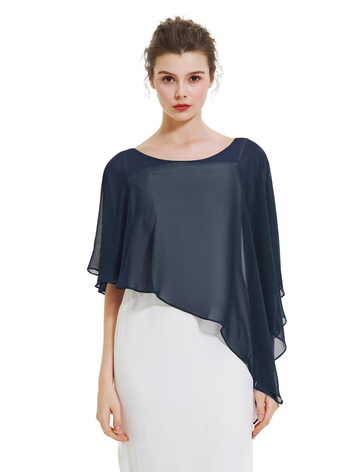 BEAUTELICATE Asymmetrical Capelets Chiffon Capes Wedding Bridal Shawls Wraps For Women Evening Dress, Navy Blue, One Size