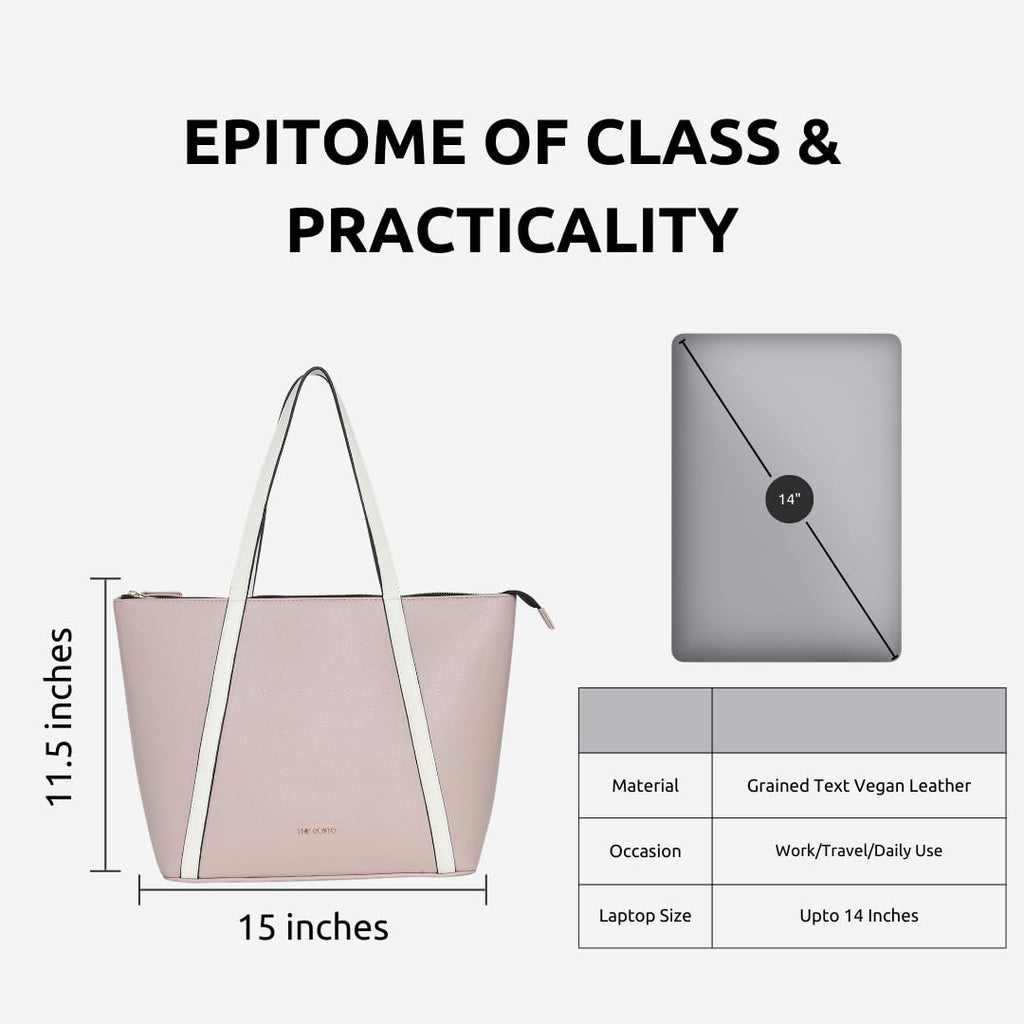 The Gusto Aza - Premium Vegan Leather Tote Bag For Women With Grained Texture|Medium Size Stylish Hand Bag/Shoulder Bag, Fits Upto 14 Laptop, Pink