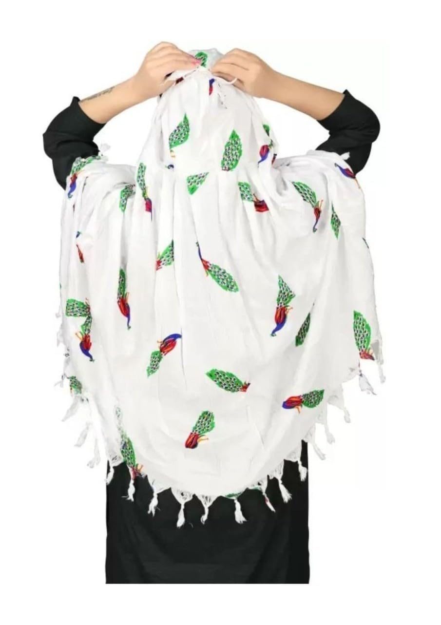 Vinsh Enterprise Cotton Long Scarf Cum Mask Scarves Usable for Vehicle Driver | White Printed Design | Universal Size | For Girl & Women | Soft & Breathable Sun Protection (PEACOCK)