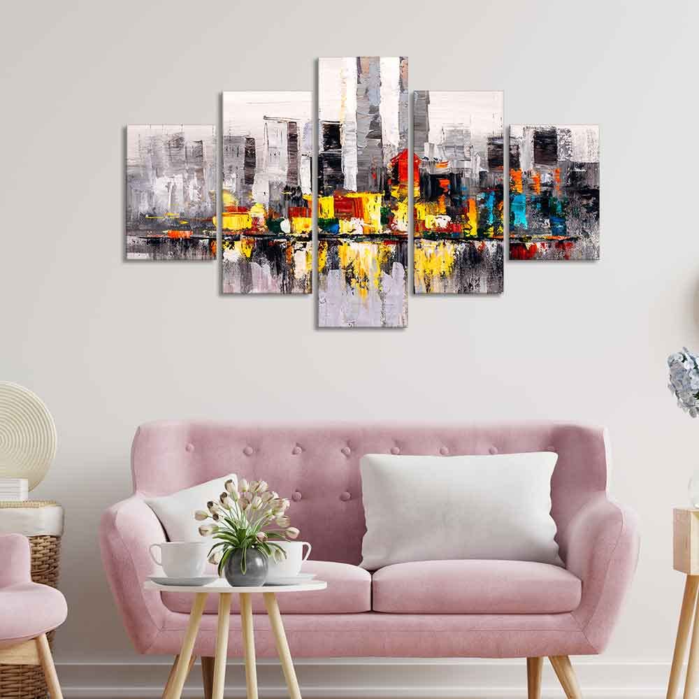VIBECRAFTS Abstract Wall Painting Skyline of New York City Five Pieces For Home|Office|Living Room|Gift (PTVC5Pcs1_5514)