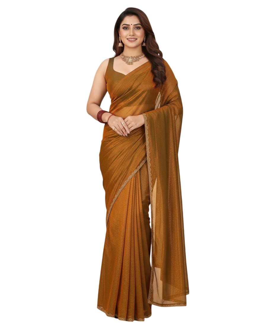 LADY SHOPI Women's Chiffon Solid Saree Fendy Chiffon Gold-GEM