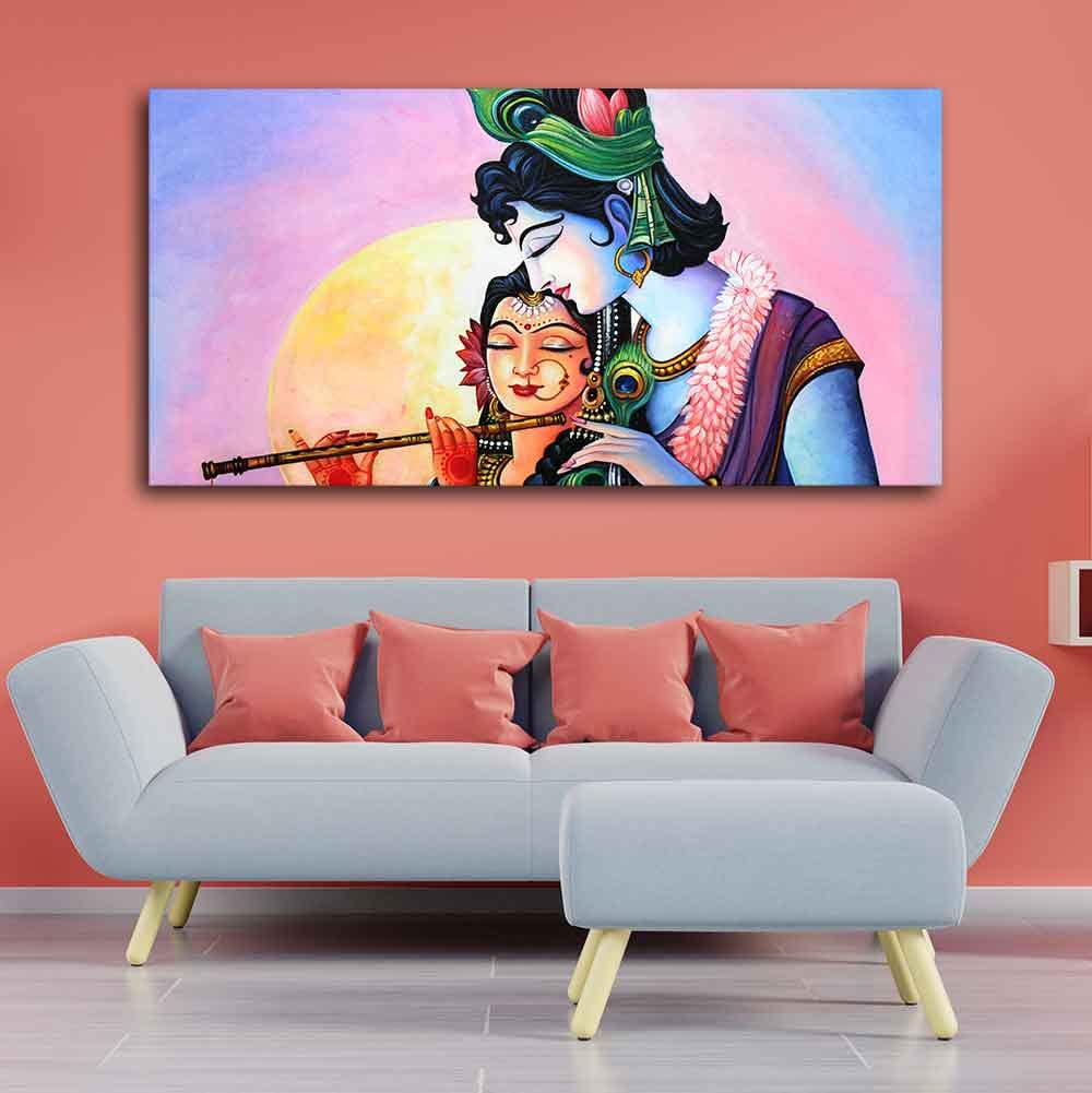 VIBECRAFTS Canvas Paintings for Living Room Drawing Room Colorful Wall Painting of Radha Krishna Fitted with Wooden Frame for Home|Office|Gift(PTVCH_2243)