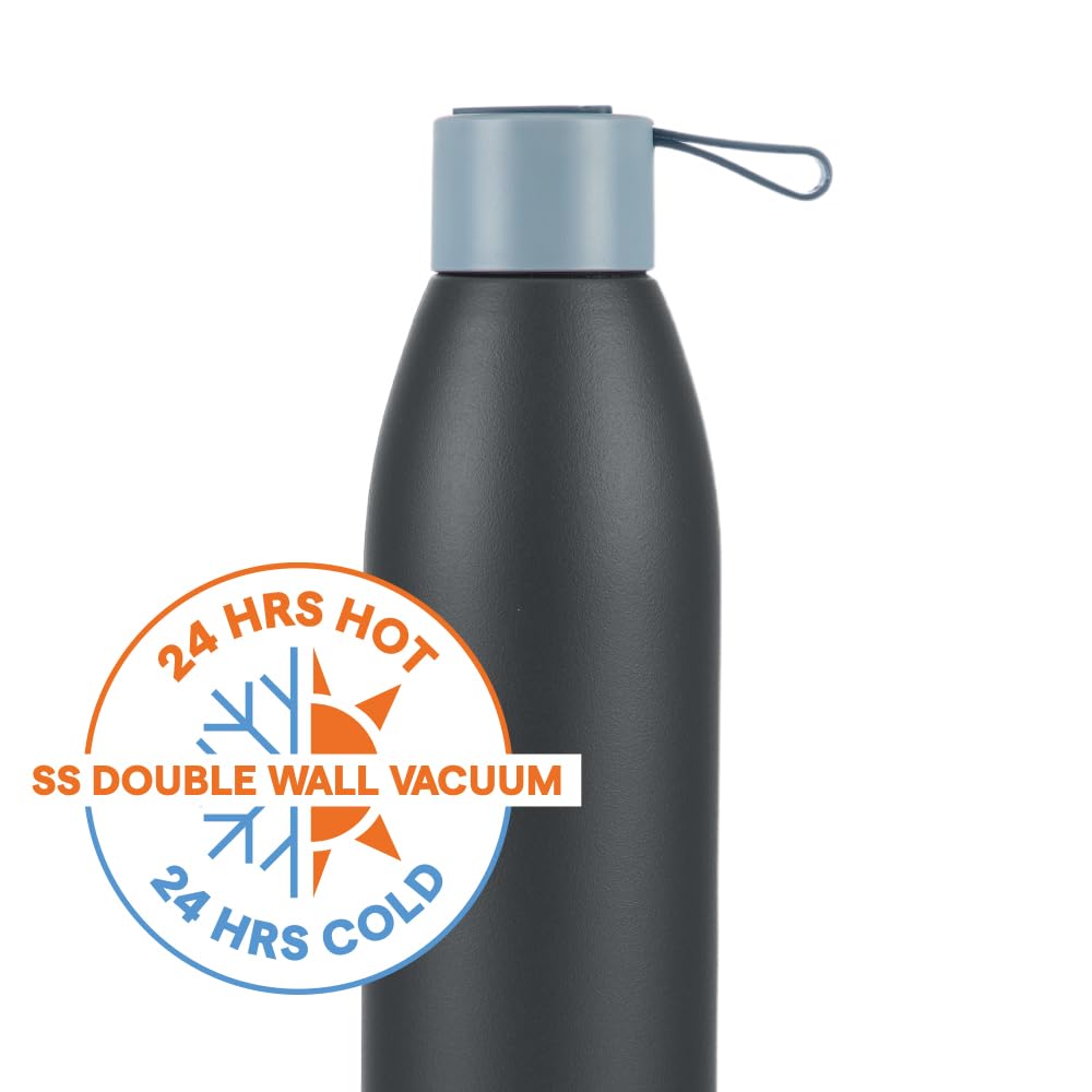 Borosil Hydra 750ml Duomate Black Stainless Steel Bottle | 24 Hours Hot and Cold Double Wall Vacuum Insulated with Copper Coating | 1 Year Warranty