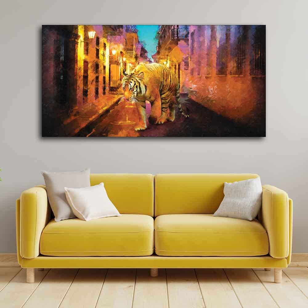 VIBECRAFTS A Tiger Walking in the Street Premium Canvas Wall Painting With Frame for Living Room Drawing Room Home|Office|Gift (PTVCH_2216)