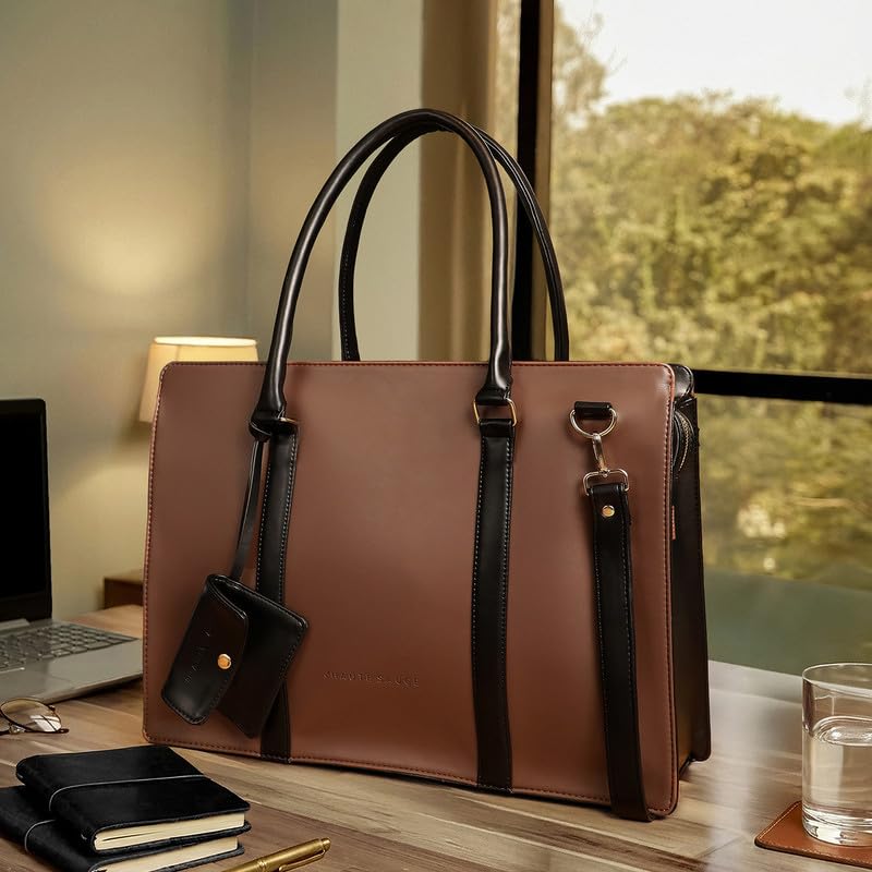Haute Sauce Women The Diurnal Tote Office Bag | Chocolate Brown | Zipper Closure | Vegan Leather Material | Card & Penholder | Laptop Compatibility Upto 17 Inch | Handbag For For Office Wear