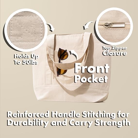 Econest Large Canvas Tote Bag for Women, Beach Bags, Travel Bag with Outer Pockets & Inner Zipper Pocket, Reusable Multi-Purpose Cotton Bags for School/Gym/Shopping/Beach & Groceries, (CREAME)