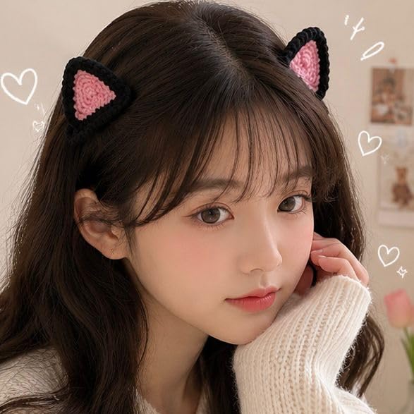 Handmade Crochet Cat Ear Hair Clips Black and White, Pink Inner, Cute Kawaii Style, Set of 2