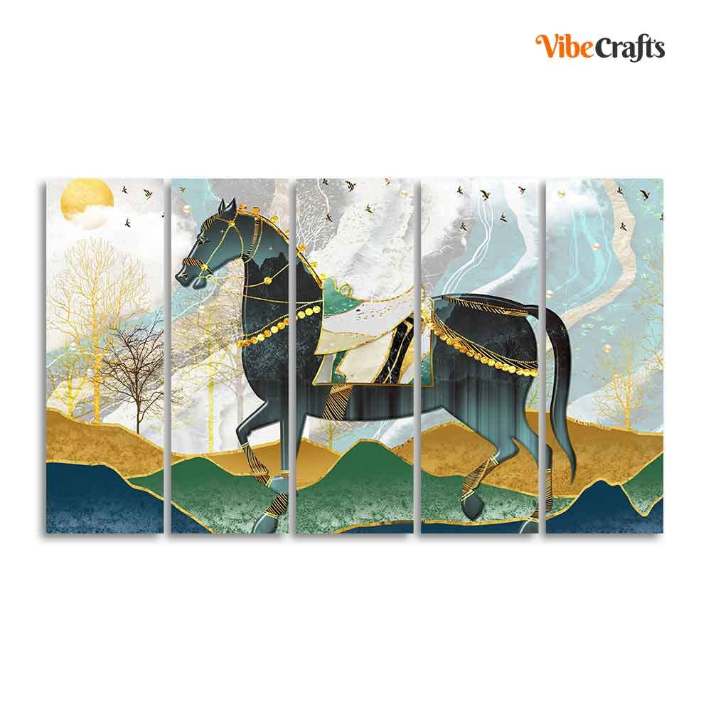 VIBECRAFTS Premium Wall Painting of Horse and Golden trees with Colored Mountains of Five Pieces For Home|Office|Living Room|Gift (PTVC5Pcs4_8727)