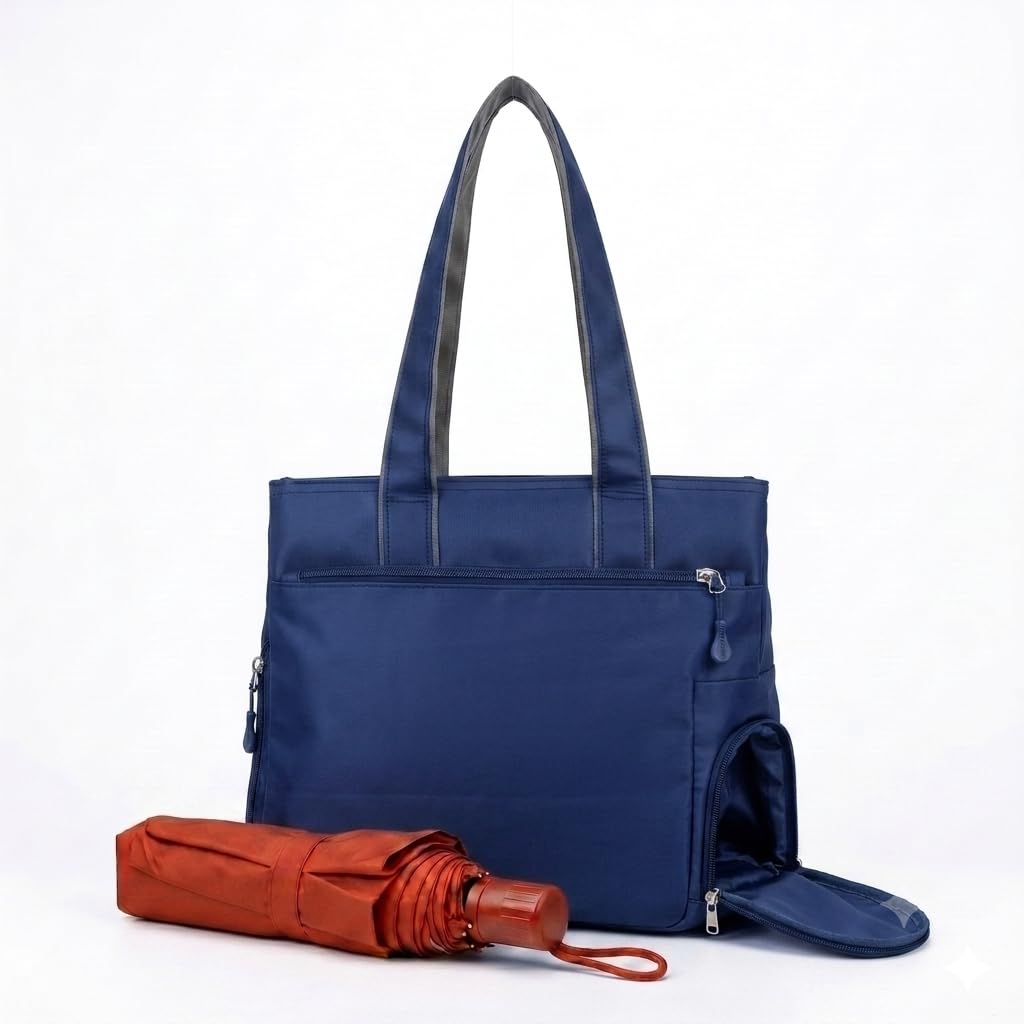 Bag-Age HB55 Tote Handbag for Girls & Women, Water Resistant Office Work Bag with Umbrella Pocket, Large Capacity Shoulder Bag for Work, Travel & Daily Use (Navy Blue)