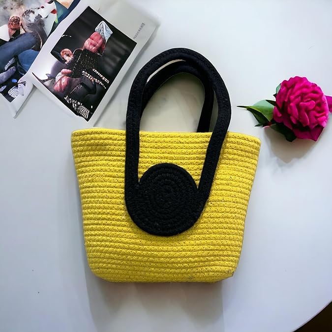 BEAUTIFUL HOMMIES Attractive Large Tote - Summer, Beach & Boho Bag - Handmade Jute & Bamboo - Yellow-Black