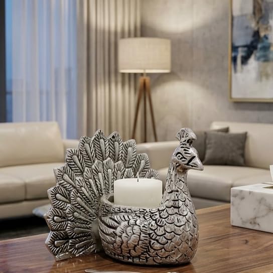 KridayKraft Designed with a Versatile Central Cavity, This Peacock Serves as a Stunning tealight Candle Holder, a mini Indoor Planter, a Unique Pen Stand,(Peacock Small Silver).