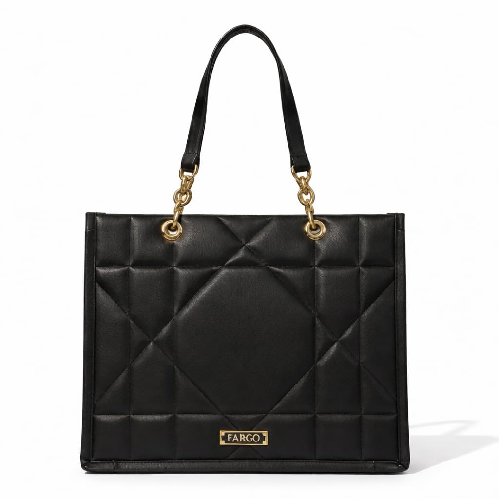Fargo Matrix Tote Bag for Women | Vegan Leather Handbag with 15-Inch Laptop Compartment, Smooth Zip | Stylish Office, College & Daily Use Tote | Made in India (Black)