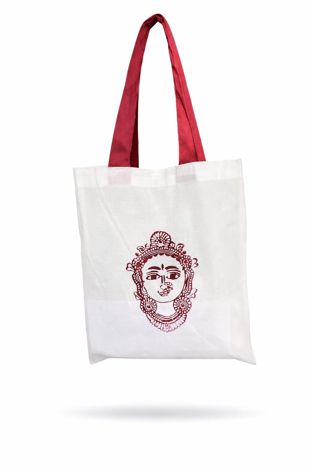 Return Gift Cotton Tote Bag with Traditional Indian Deity Print, White with Maroon Handles Set of 50 bags