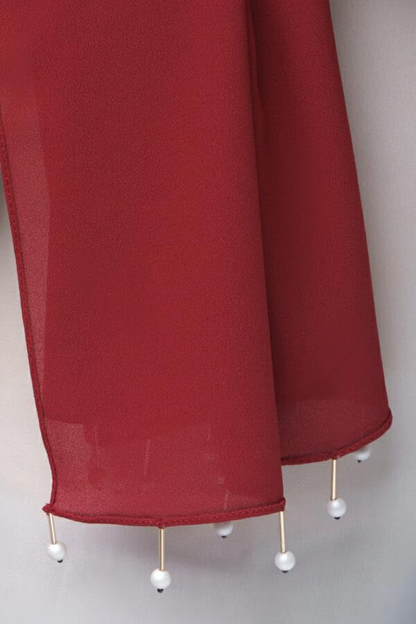Urshia Georgette Hijab for Women - Pearl and Moti Latkan Design With Diamond Accents (Red)