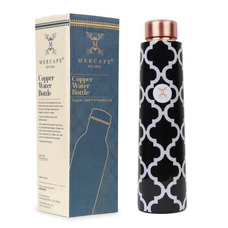 MERCAPE Pure Copper Water Bottle 900 ml with Printed Design | Jointless Construction | Leak-Resistant Screw Cap | Reusable Copper Bottle for Home, Office, Gym & Travel