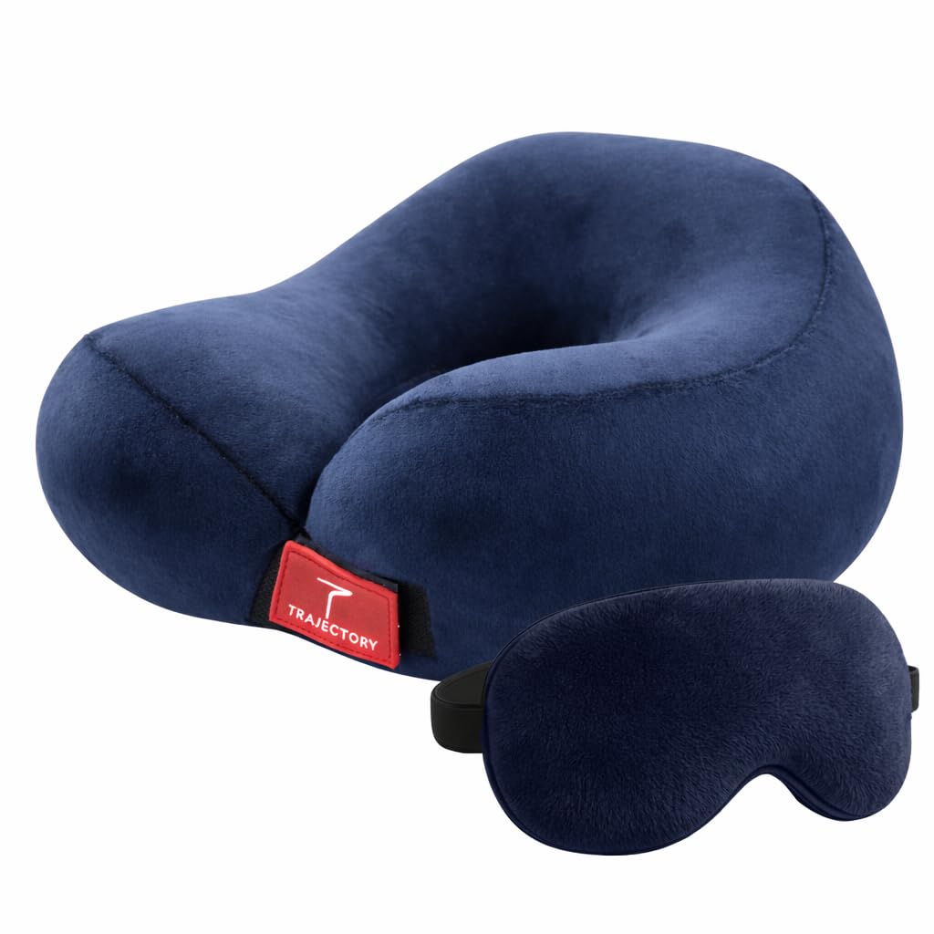 Trajectory Travel Neck Pillow with Sleeping Eye Mask Combo for Travelling and Sleeping in Airplane Flight, Cab, Car, Train, Bus for Men and Women Black (As seen on Shark Tank)