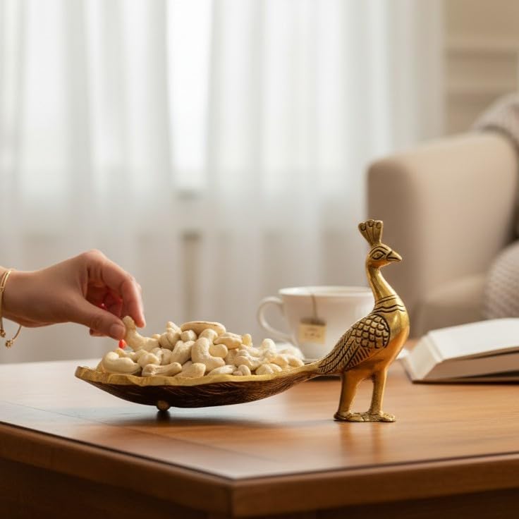KridayKraft Hand Crafted Metal Duck Wing Shape Tray Perfect for Home Centre Table Serving Dry Fruits (Golden, Pack of 1)