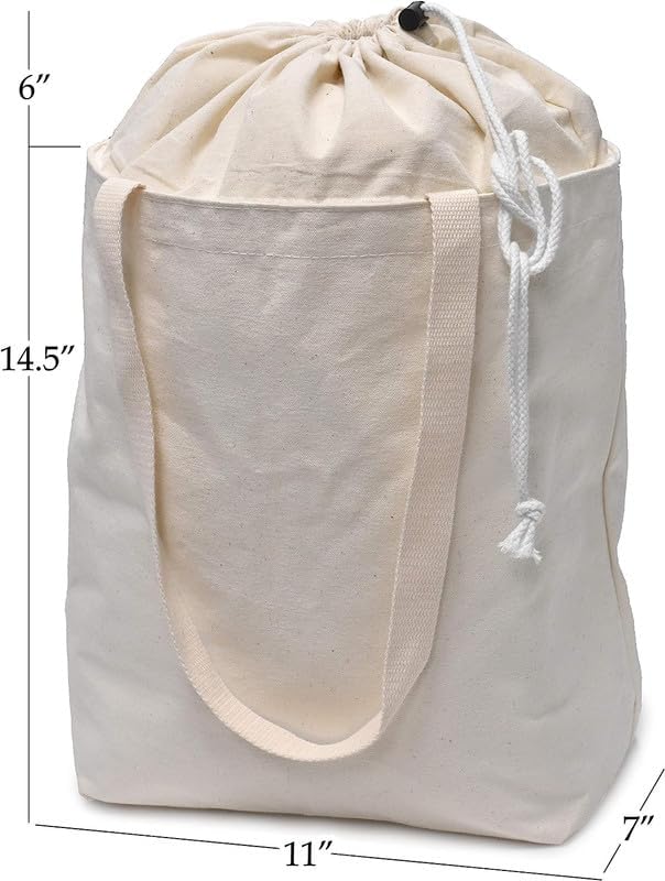 Metsi Reusable Canvas Laundry Bag with Shoulder Straps, Extendable Drawstring Top, Eco-Friendly 100% Cotton Cloth Tote for Shopping, Travel and Storage, Pack of 1