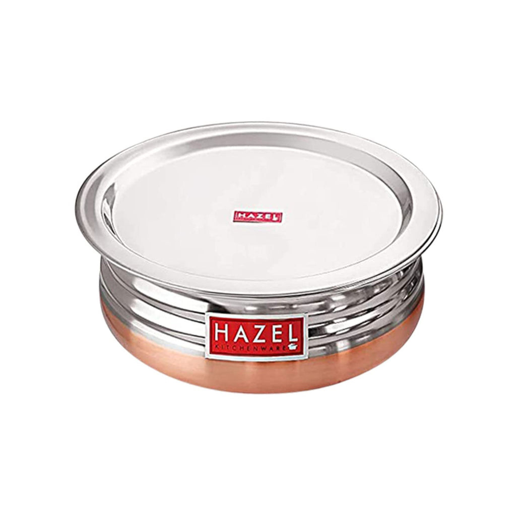HAZEL Copper Bottom Uruli with Lid | Urli Vessel Cooking Stainless Steel | Serving Tope Handi | Kitchen Items for Home Cooking, 1300 ML