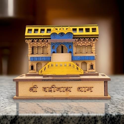 HaridwarDivine Wood 3D Badrinath Temple The Place of Peace in Wood Miniature Small | Hand Crafted Wooden Shri Badrinath Temple for Gifting, ShowPiece, Car Dashboard