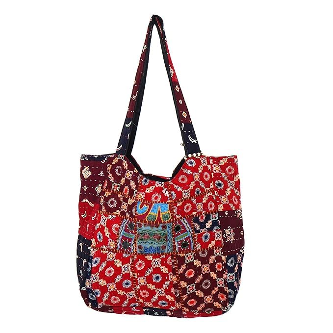 PREET GALLERY Handmade Cotton Patchwork Tote Bag, Multicolour, Double Handle|Women's Shoulder Bag, Pure Cotton Tote Bag, Handmade Patchwork Design (Brick Red)
