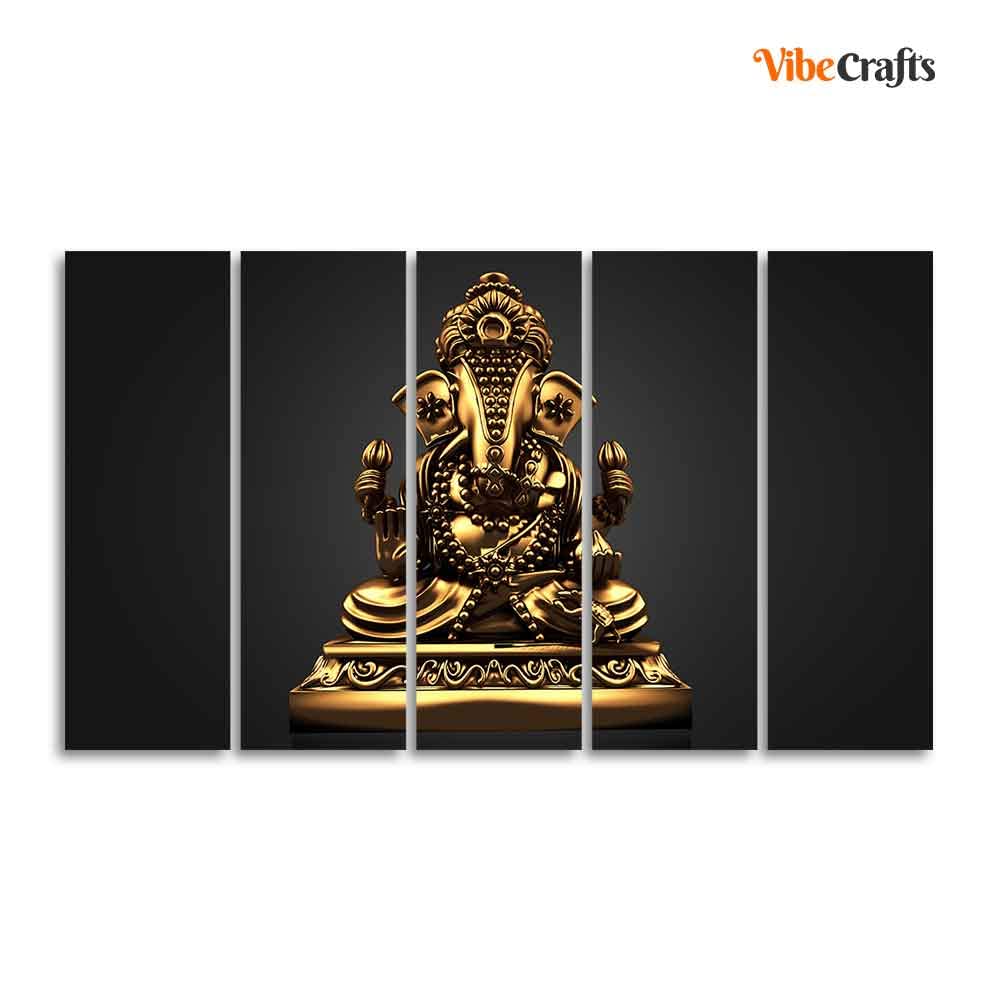 VIBECRAFTS Golden Statue of Ganesha Wall Painting of Five Pieces For Home|Office|Living Room|Gift (PTVC5Pcs4_8714)