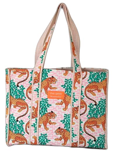 Cotton Tote bag for Women | Shoulder Bag | Reversible Bag | Durable Shopping bag | Reusable Grocery Bags | Eco friendly Bags| Handmade Cotton Bag | Stylish Quilted handBag (Tiger)